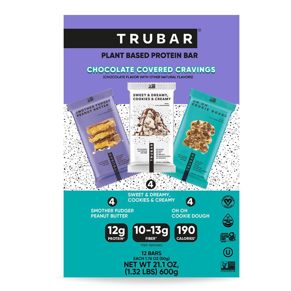 image:imageTRUBAR Vegan Protein Bar Daydreaming About Donuts Gluten Free Plant Based High Fiber Dairy Free Non GMO Low Fat No Sugar Alcohols 12G Lean Protein 13G Fiber Healthy Snack Bars 12 CTVariety Pack Peanut Butter Cookies Cream Cookie Dough