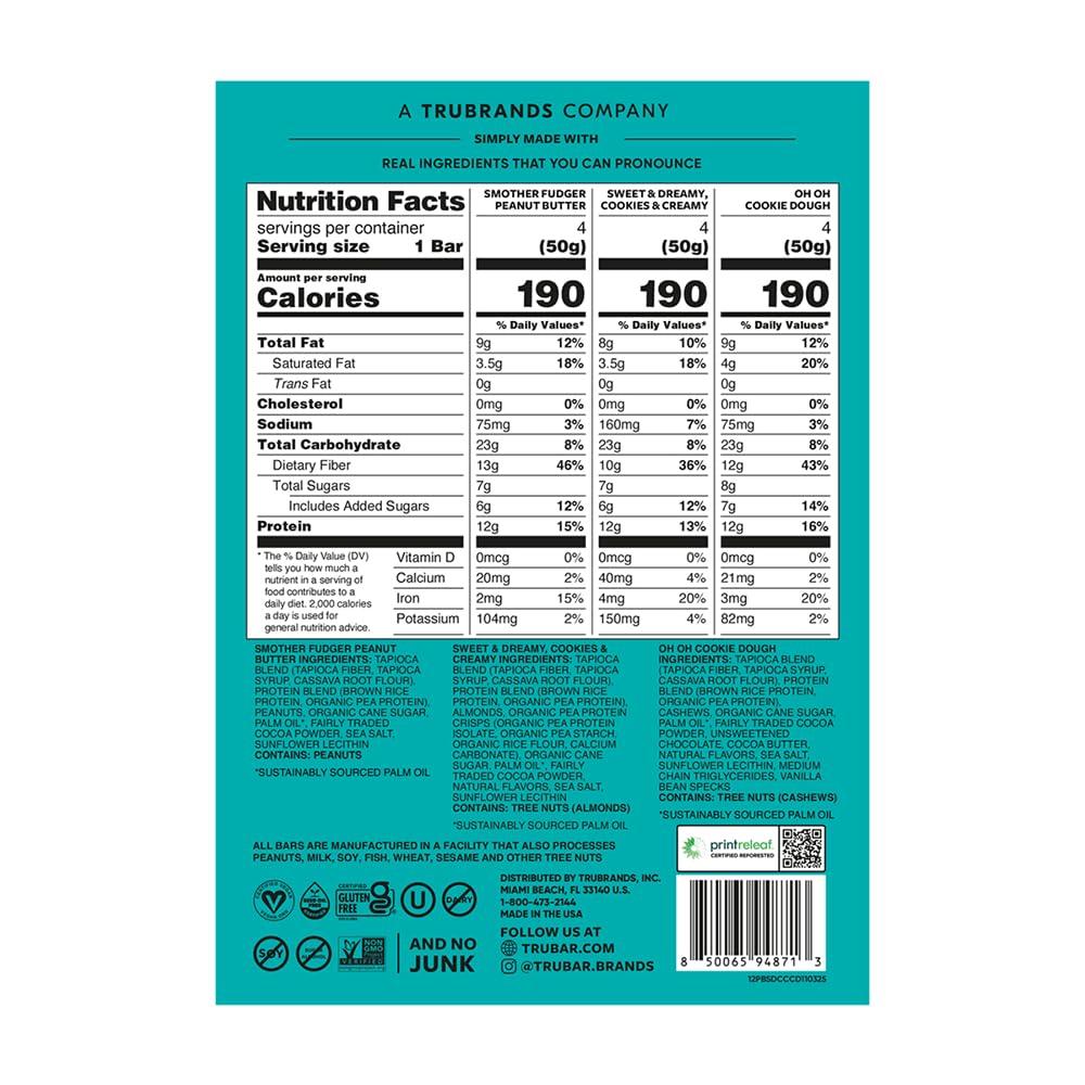 image:imageTRUBAR Vegan Protein Bar Daydreaming About Donuts Gluten Free Plant Based High Fiber Dairy Free Non GMO Low Fat No Sugar Alcohols 12G Lean Protein 13G Fiber Healthy Snack Bars 12 CTVariety Pack Peanut Butter Cookies Cream Cookie Dough