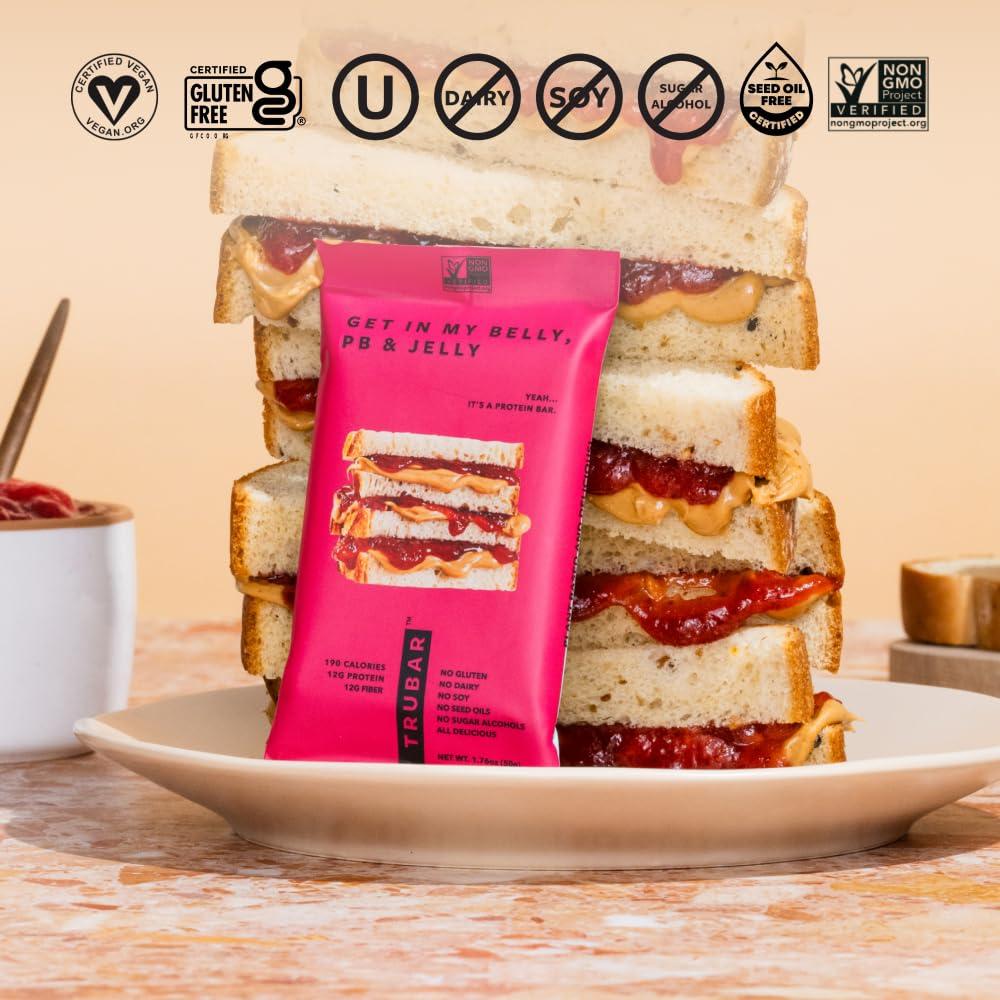 image:imageTRUBAR Vegan Protein Bar Daydreaming About Donuts Gluten Free Plant Based High Fiber Dairy Free Non GMO Low Fat No Sugar Alcohols 12G Lean Protein 13G Fiber Healthy Snack Bars 12 CTVariety Pack PBJelly Strawberry Coconut