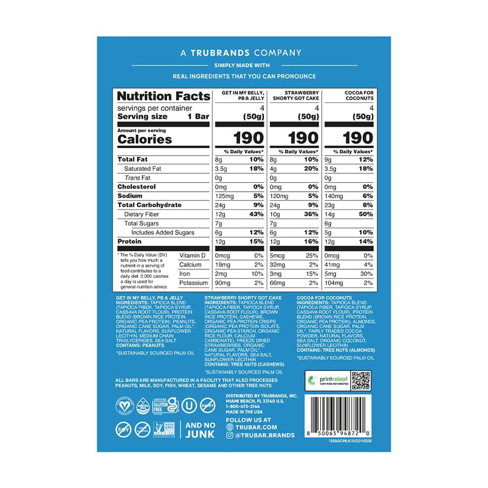image:imageTRUBAR Vegan Protein Bar Daydreaming About Donuts Gluten Free Plant Based High Fiber Dairy Free Non GMO Low Fat No Sugar Alcohols 12G Lean Protein 13G Fiber Healthy Snack Bars 12 CTVariety Pack PBJelly Strawberry Coconut
