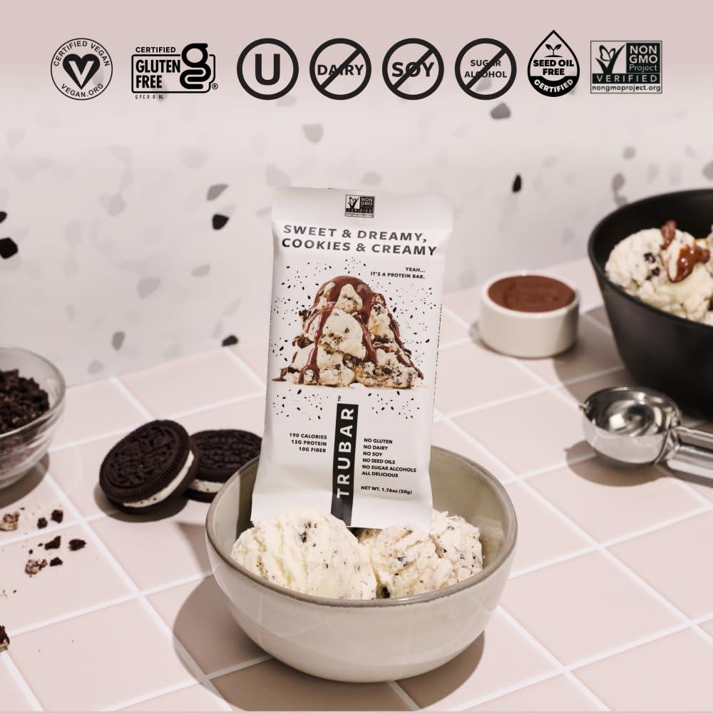 image:imageTRUBAR Vegan Protein Bar Daydreaming About Donuts Gluten Free Plant Based High Fiber Dairy Free Non GMO Low Fat No Sugar Alcohols 12G Lean Protein 13G Fiber Healthy Snack Bars 12 CTVariety Pack Peanut Butter Cookies Cream Cookie Dough