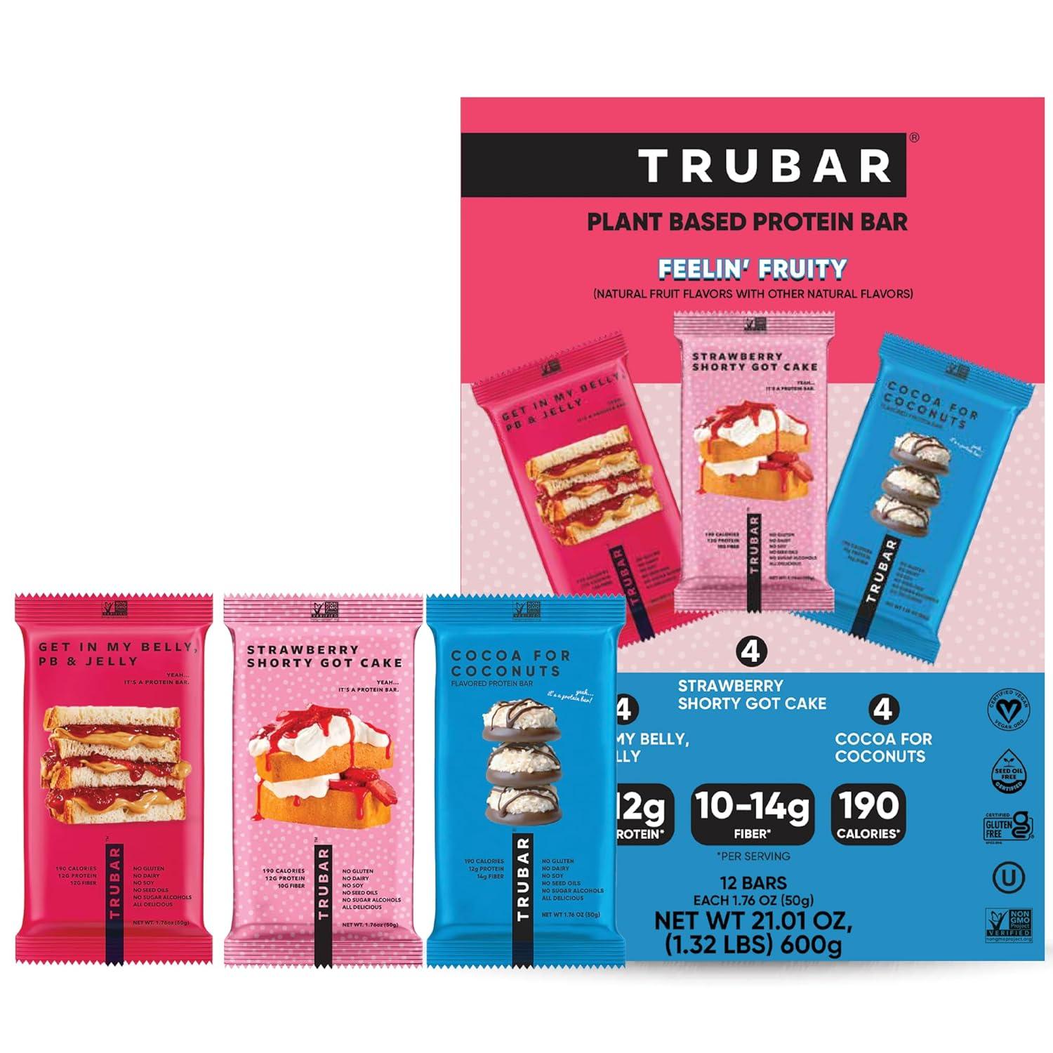image:imageTRUBAR Vegan Protein Bar Daydreaming About Donuts Gluten Free Plant Based High Fiber Dairy Free Non GMO Low Fat No Sugar Alcohols 12G Lean Protein 13G Fiber Healthy Snack Bars 12 CTVariety Pack PBJelly Strawberry Coconut