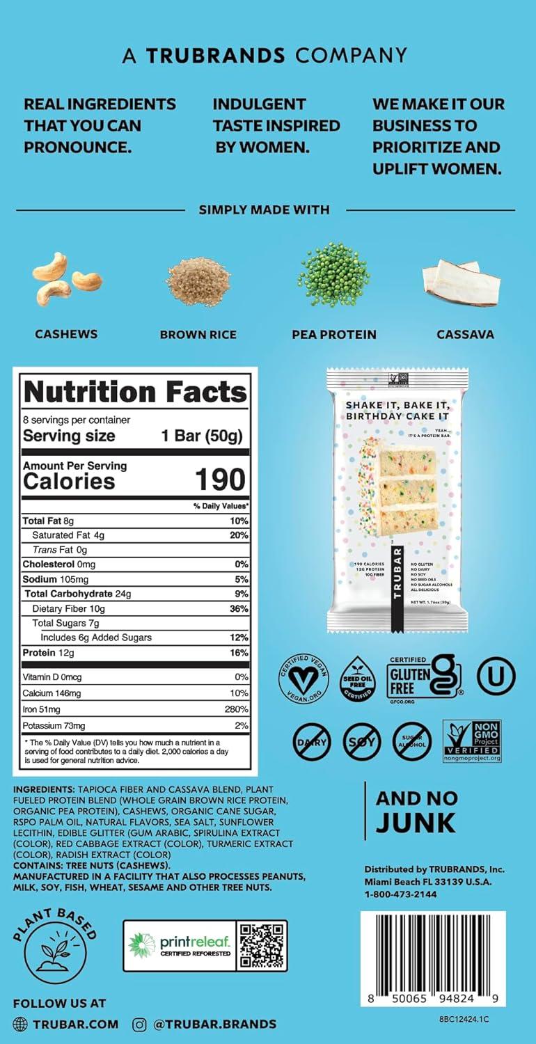 image:imageTRUBAR Vegan Protein Bar Oh Oh Cookie Dough Gluten Free Plant Based Protein Dairy Free Non GMO Soy Free No Sugar Alcohols 12G Protein 13G Fiber 23G Carb Healthy on the Go Snack Bars 8 CTShake it Bake it Birthday Cake it
