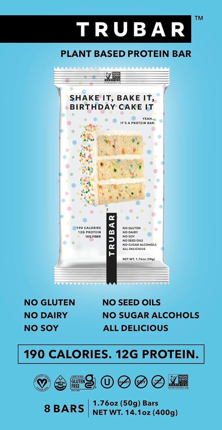 image:imageTRUBAR Vegan Protein Bar Oh Oh Cookie Dough Gluten Free Plant Based Protein Dairy Free Non GMO Soy Free No Sugar Alcohols 12G Protein 13G Fiber 23G Carb Healthy on the Go Snack Bars 8 CTShake it Bake it Birthday Cake it