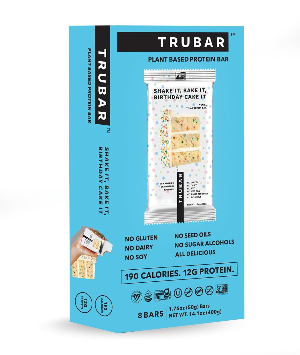 image:imageTRUBAR Vegan Protein Bar Oh Oh Cookie Dough Gluten Free Plant Based Protein Dairy Free Non GMO Soy Free No Sugar Alcohols 12G Protein 13G Fiber 23G Carb Healthy on the Go Snack Bars 8 CTShake it Bake it Birthday Cake it