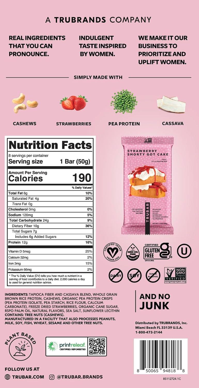 image:imageTRUBAR Vegan Protein Bar Oh Oh Cookie Dough Gluten Free Plant Based Protein Dairy Free Non GMO Soy Free No Sugar Alcohols 12G Protein 13G Fiber 23G Carb Healthy on the Go Snack Bars 8 CTStrawberry Shorty Got Cake