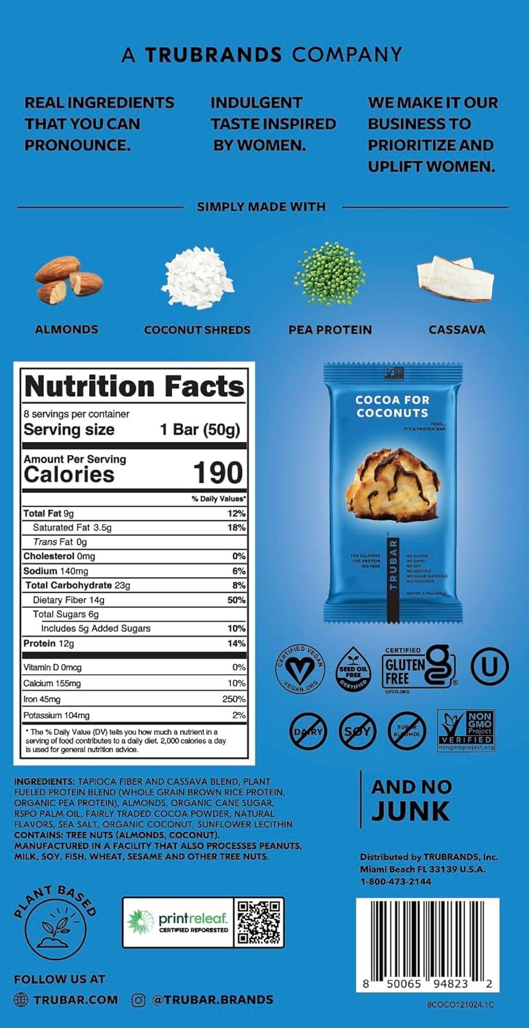image:imageTRUBAR Vegan Protein Bar Oh Oh Cookie Dough Gluten Free Plant Based Protein Dairy Free Non GMO Soy Free No Sugar Alcohols 12G Protein 13G Fiber 23G Carb Healthy on the Go Snack Bars 8 CTCocoa For Coconuts