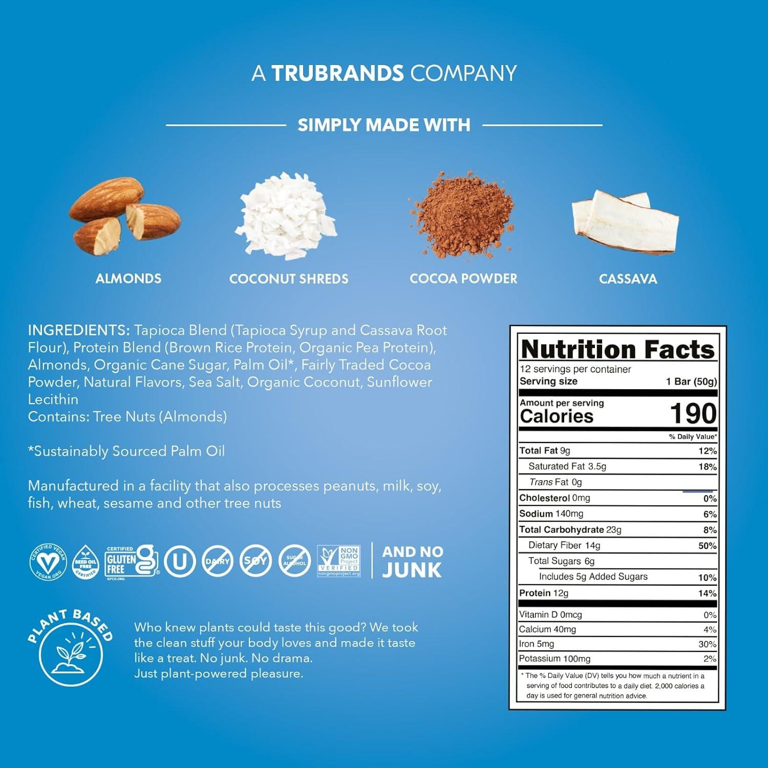 image:imageTRUBAR Vegan Protein Bar Oh Oh Cookie Dough Gluten Free Plant Based Protein Dairy Free Non GMO Soy Free No Sugar Alcohols 12G Protein 13G Fiber 23G Carb Healthy on the Go Snack Bars 8 CTCocoa For Coconuts