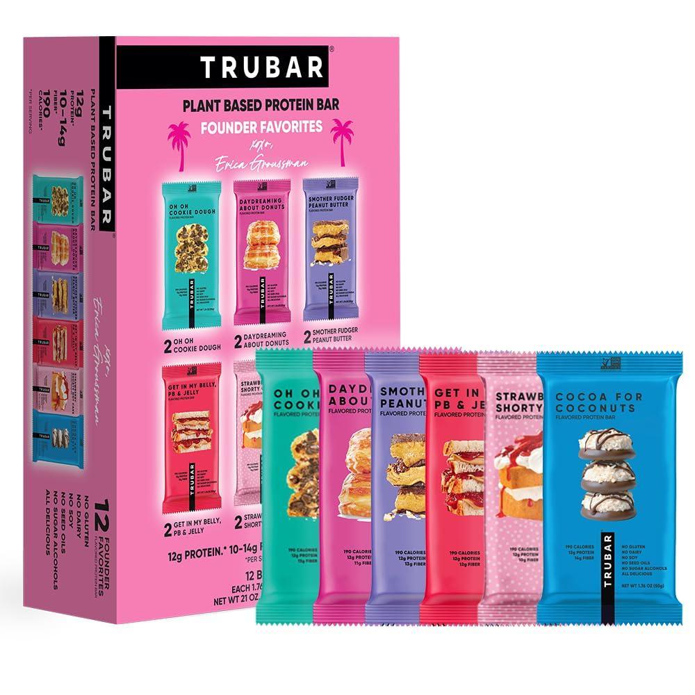 image:imageTRUBAR Vegan Protein Bar Daydreaming About Donuts Gluten Free Plant Based High Fiber Dairy Free Non GMO Low Fat No Sugar Alcohols 12G Lean Protein 13G Fiber Healthy Snack Bars 12 CTVariety Pack Founders Favorites