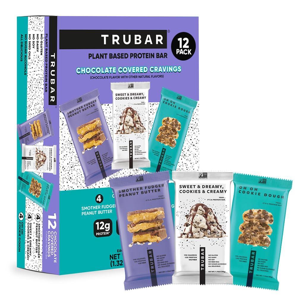 image:imageTRUBAR Vegan Protein Bar Daydreaming About Donuts Gluten Free Plant Based High Fiber Dairy Free Non GMO Low Fat No Sugar Alcohols 12G Lean Protein 13G Fiber Healthy Snack Bars 12 CTVariety Pack Peanut Butter Cookies Cream Cookie Dough