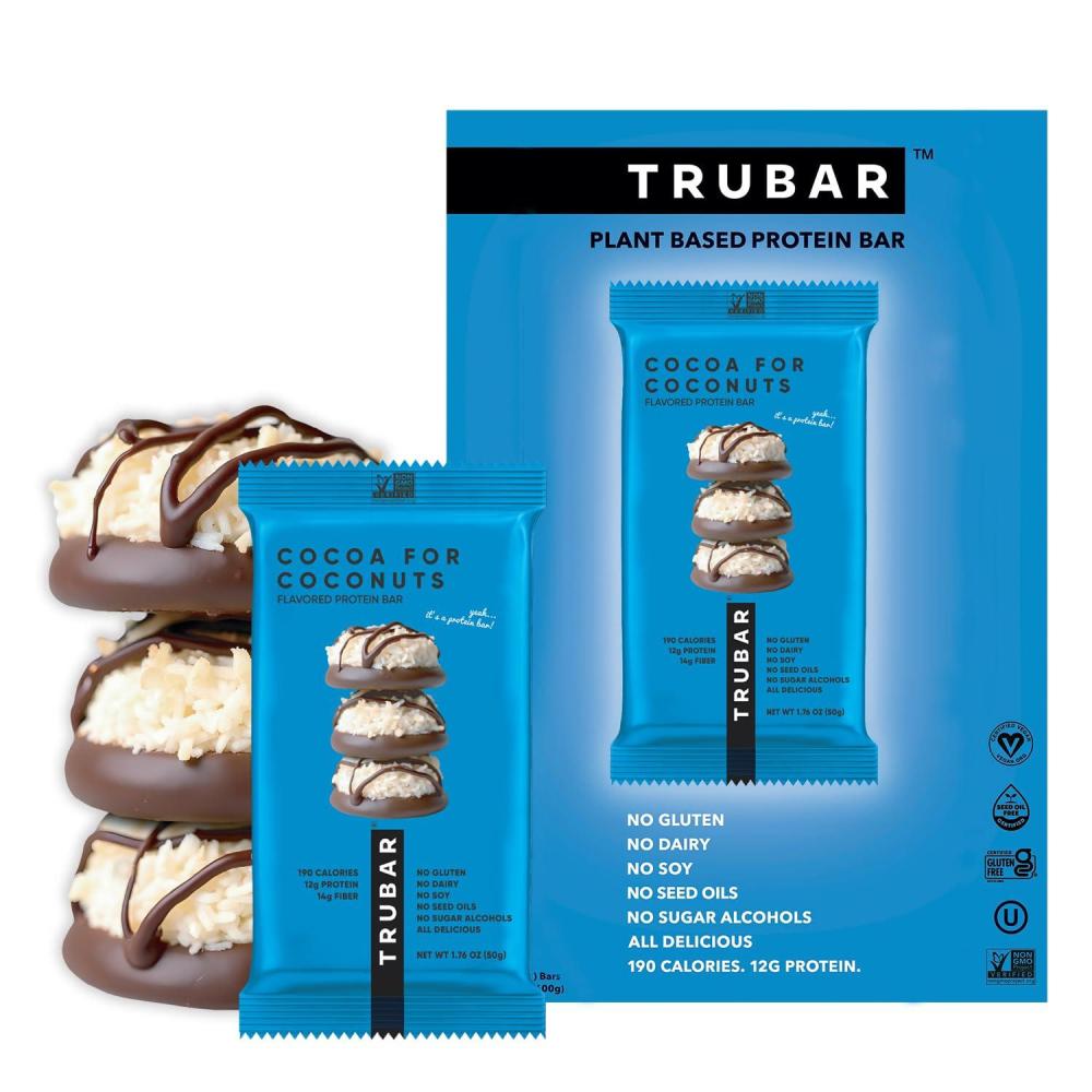 image:imageTRUBAR Vegan Protein Bar Oh Oh Cookie Dough Gluten Free Plant Based Protein Dairy Free Non GMO Soy Free No Sugar Alcohols 12G Protein 13G Fiber 23G Carb Healthy on the Go Snack Bars 8 CTCocoa For Coconuts