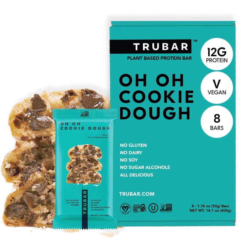 image:imageTRUBAR Vegan Protein Bar Oh Oh Cookie Dough Gluten Free Plant Based Protein Dairy Free Non GMO Soy Free No Sugar Alcohols 12G Protein 13G Fiber 23G Carb Healthy on the Go Snack Bars 8 CTOh Oh Cookie Dough