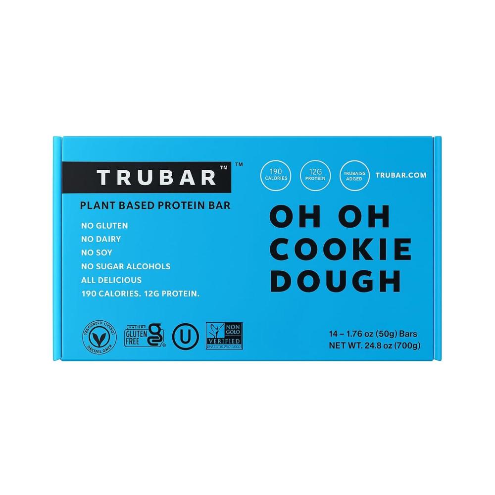 image:imageTRUBAR Vegan Protein Bar Oh Oh Cookie Dough Gluten Free Plant Based Protein Dairy Free Non GMO Soy Free No Sugar Alcohols 12G Protein 13G Fiber 23G Carb Healthy on the Go Snack Bars 14 CT